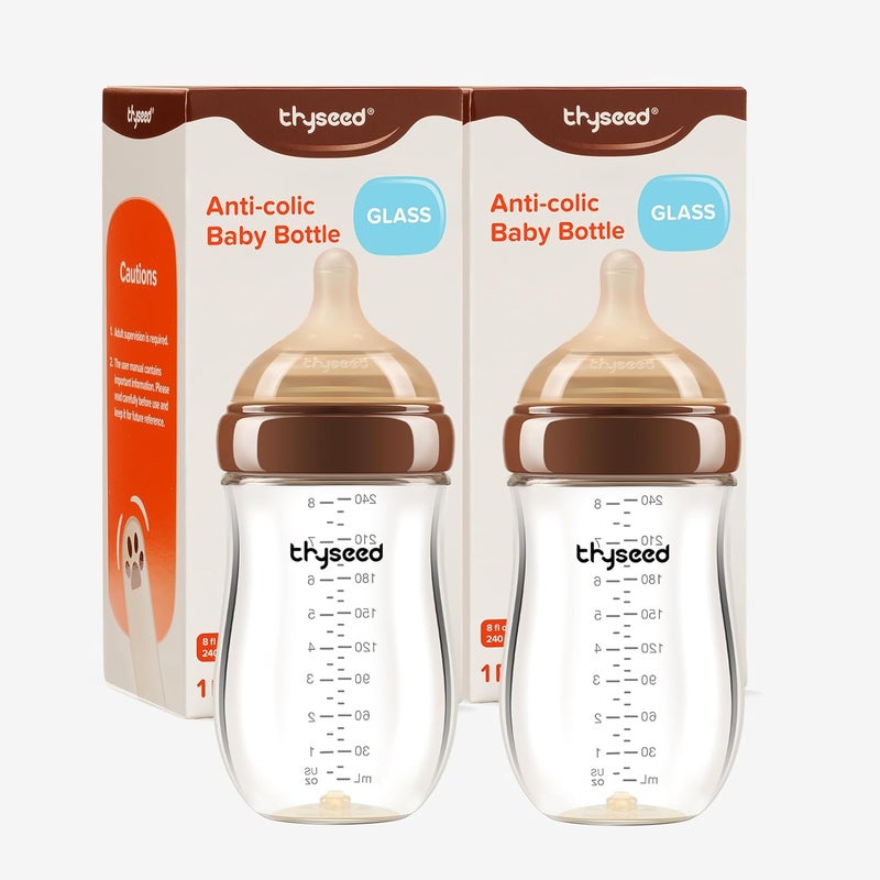 thyseed Glass Natural Anti-Colic Baby Bottles | Newborn Breast Like Nursing Bottle for Breastfed Babies with Nipple(3-7 Months), 8oz,2 Pack - Image 1